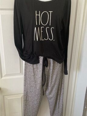 Rae Dunn Black "HOT MESS" Top with White & Gray Leopard Sleep Pants